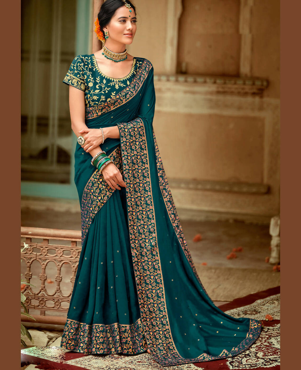 Blue Vichitra Stone Work Saree With Unstitched Blouse Piece - Rosy