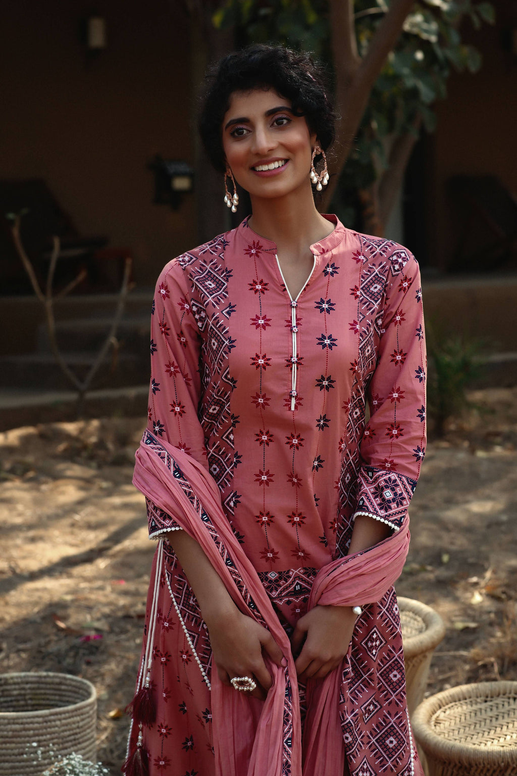 Juniper Peach Geometric Printed Pure Cotton Kurta & Palazzo Set with Lace Work