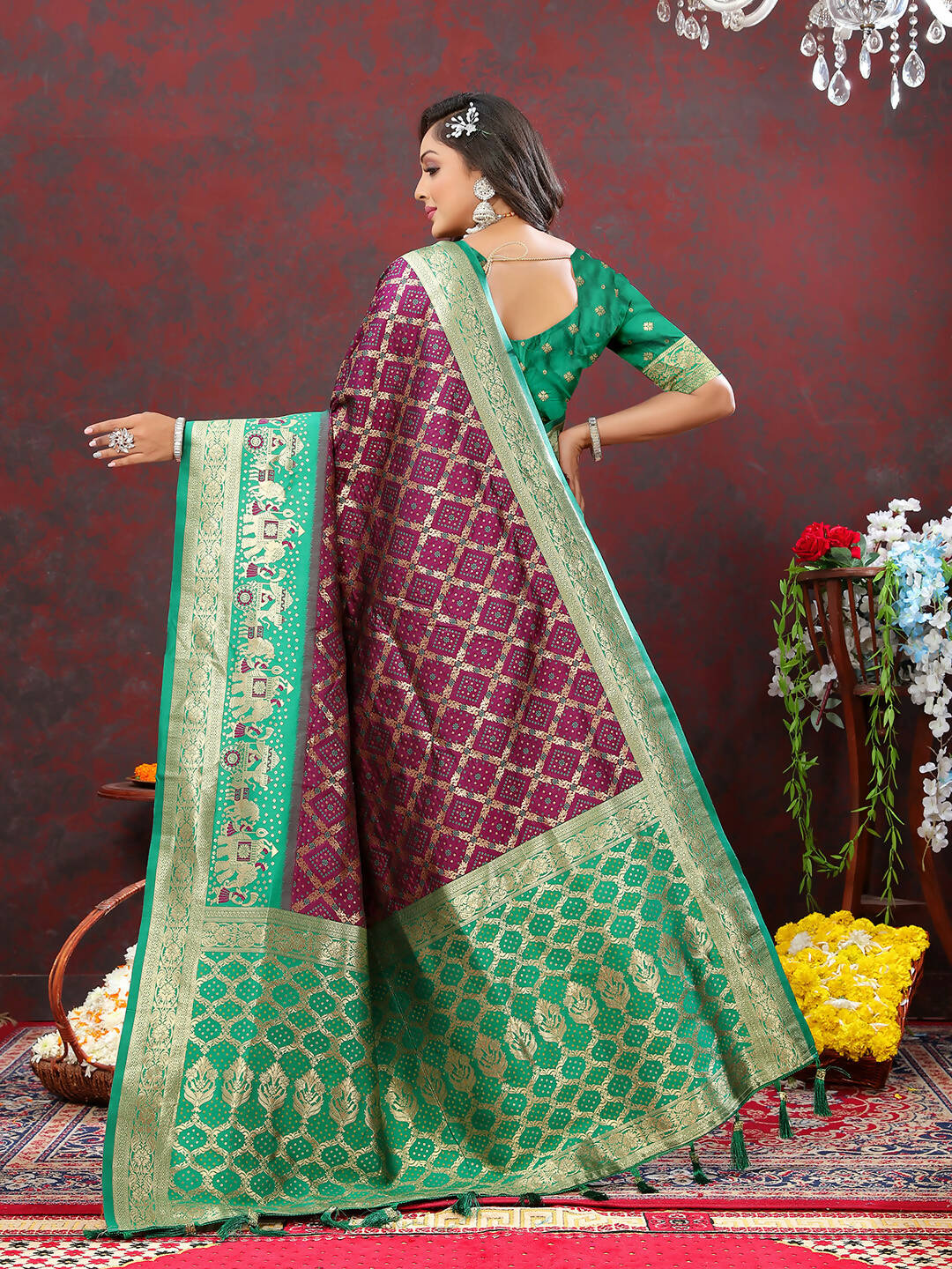 Lorenvalley Fashion Wine & Green Patola Silk Woven Design Meenakari Weaving Saree