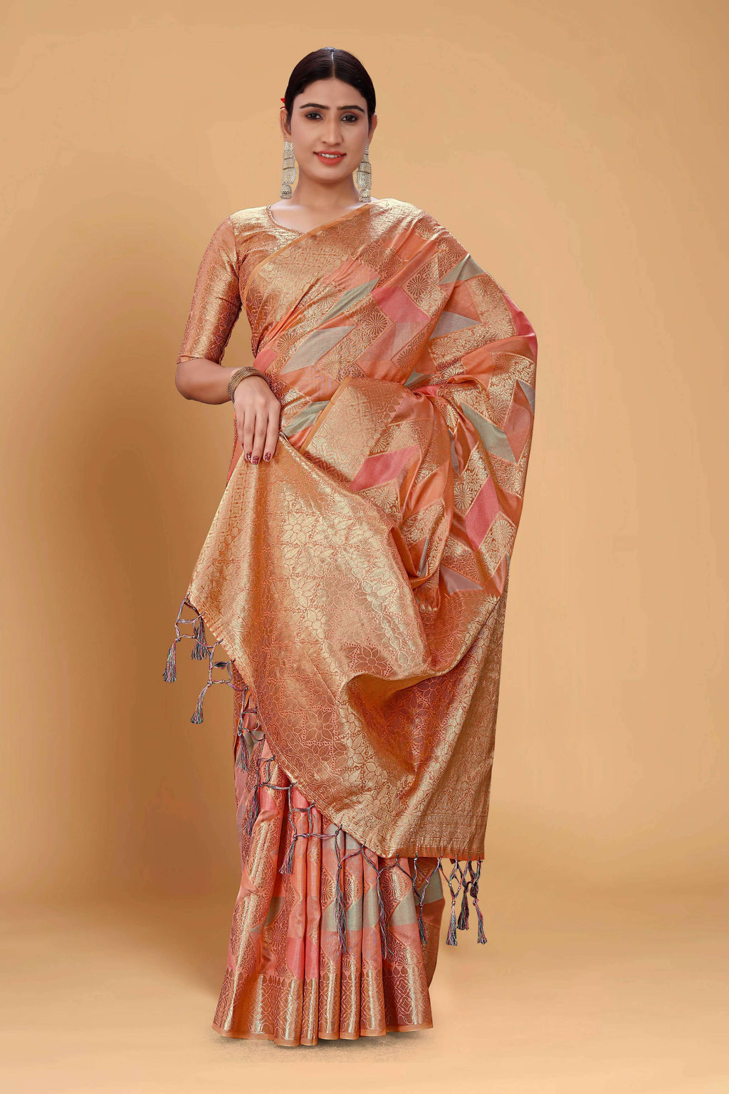 Peach Soft Organza Woven Design Saree With Unstitched Blouse Piece - Zaara
