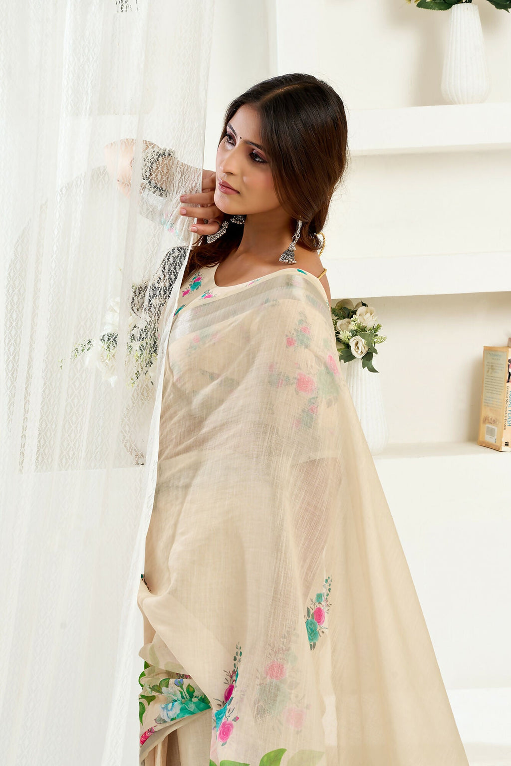 Vastranavya Cream Digital Printed Linen Ready To Wear Designer Saree with Unstitched Blouse