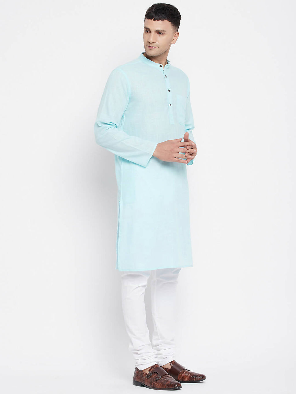 Even Apparels Pure Cotton Blue Color Men's Kurta With Band Collar