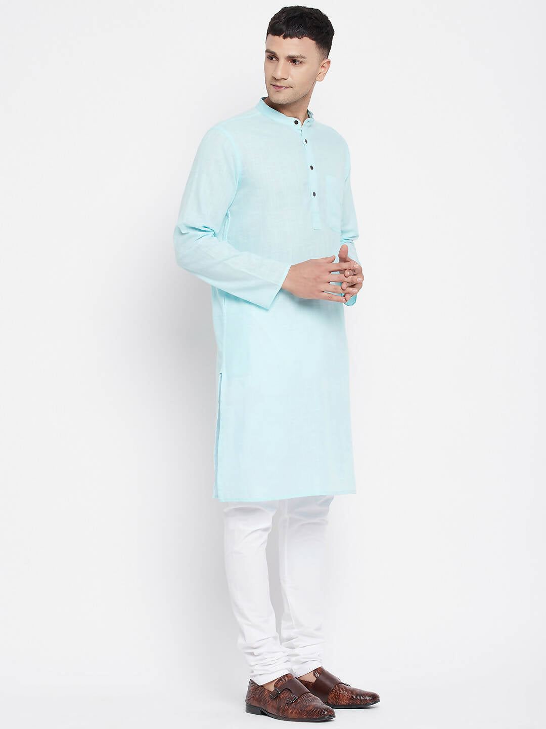 Even Apparels Pure Cotton Blue Color Men's Kurta With Band Collar