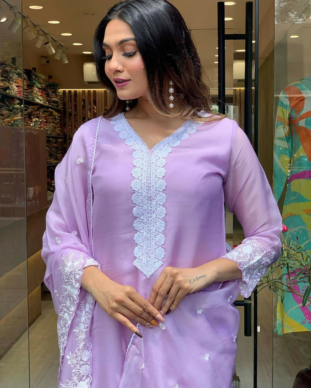 The52 Lavender Women's Gorgeous Embroidered Georgette Fabric Straight Kurta Pant with Dupatta Set