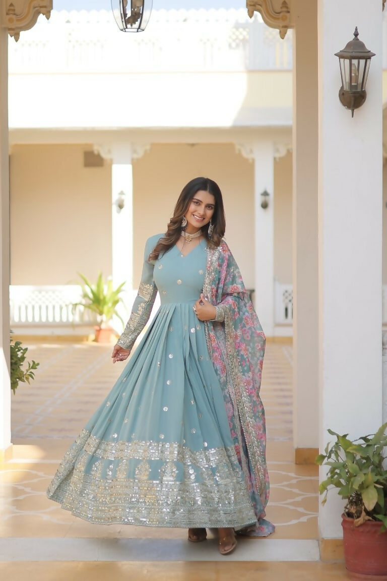 Jyoti Fashion Women's Sky Blue Faux Georgette Sequins Zari Embroideredy Anarkali Dress with Dupatta
