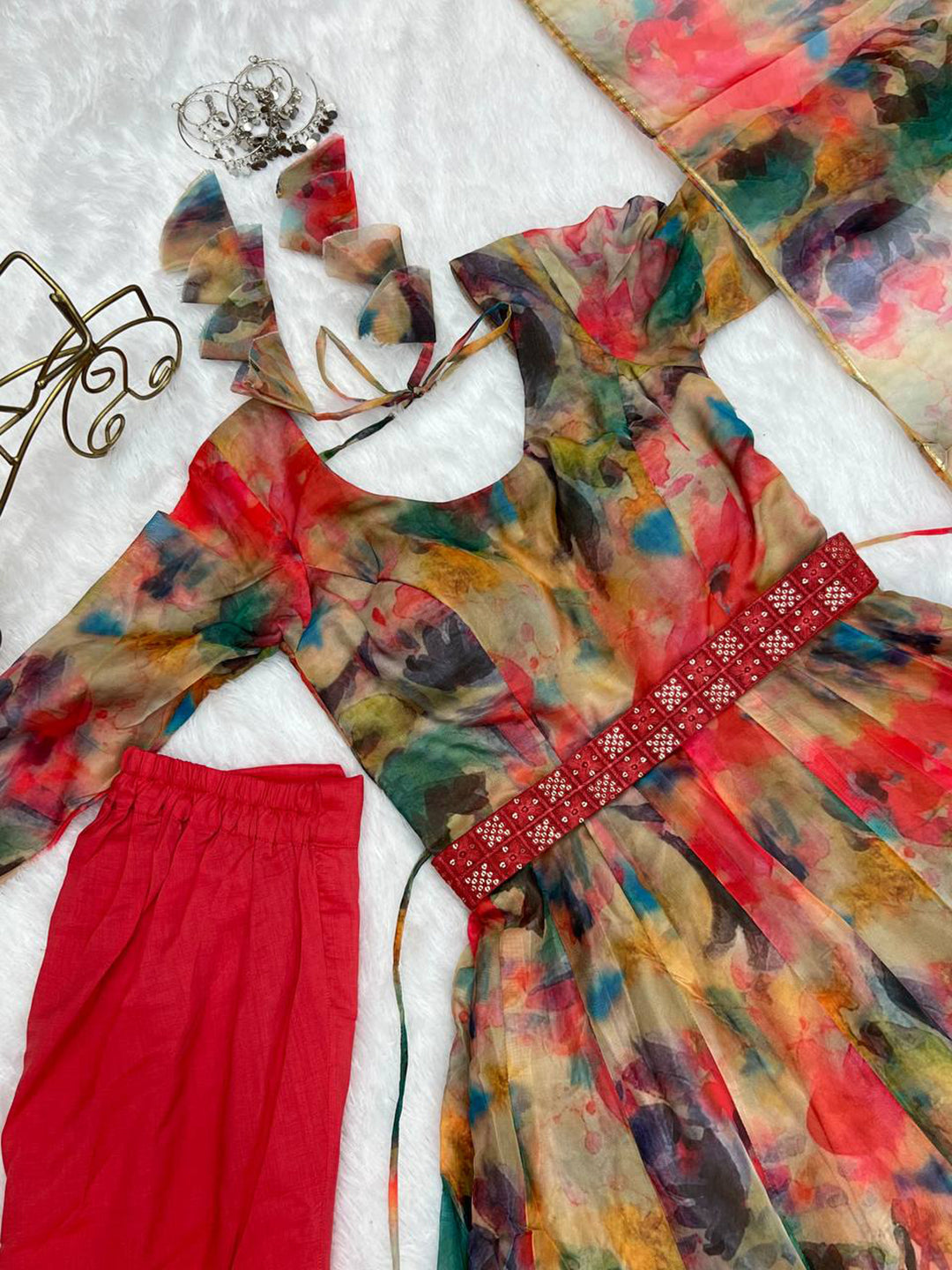 Lorenvalley Fashion Women Tabby Organza Silk Fully Flair Kali Pattern Anarkali Pant With Dupatta Set - Red
