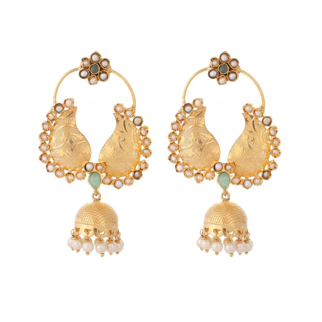 Nuyug 22K Gold Plated Pearls Studded Contemporary Shaped Mini Jhumki Drop Dangler Earrings