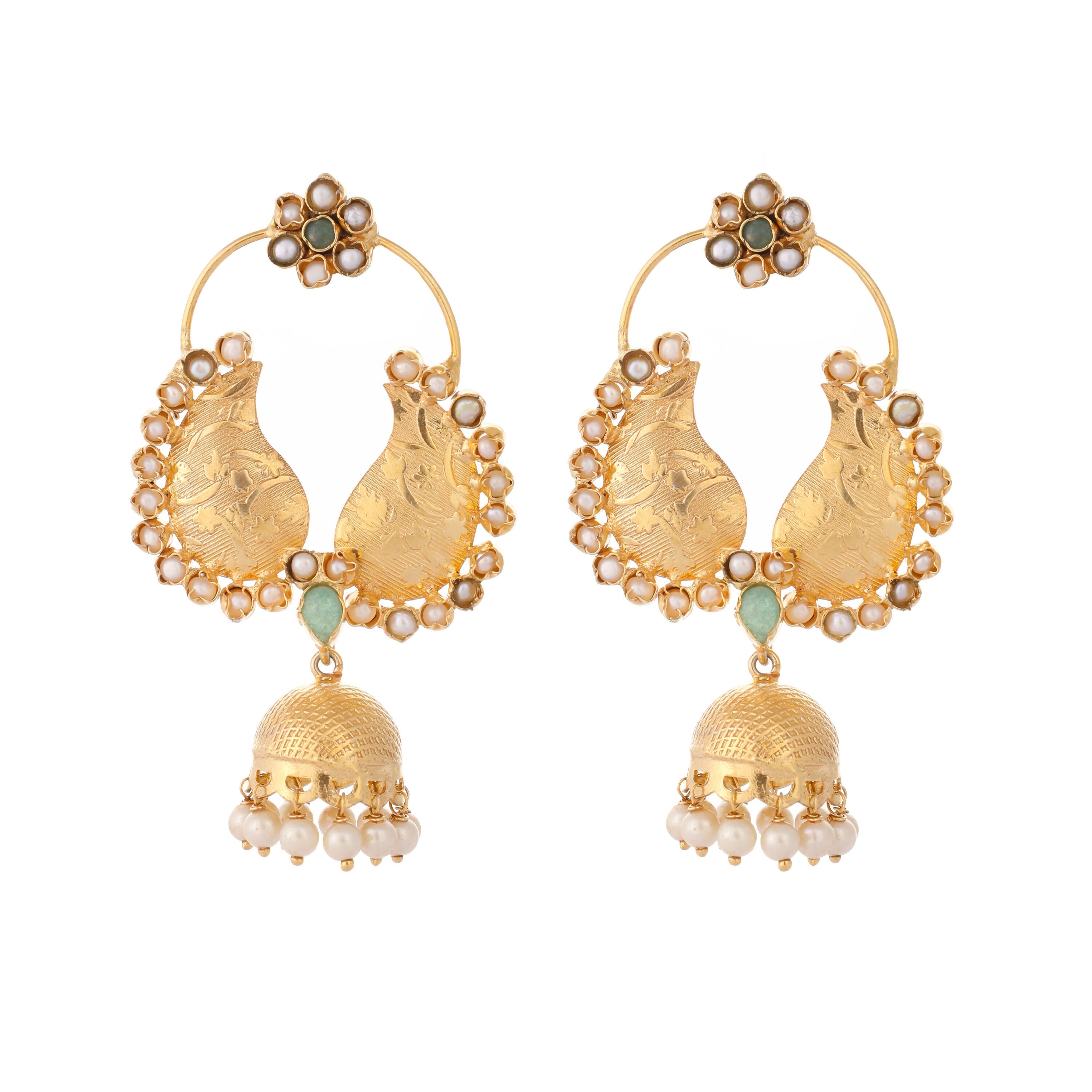 Nuyug 22K Gold Plated Pearls Studded Contemporary Shaped Mini Jhumki Drop Dangler Earrings