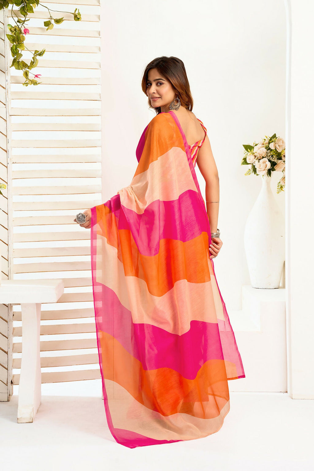 Vastranavya Multicolor Digital Printed Linen Ready To Wear Designer Saree with Unstitched Blouse