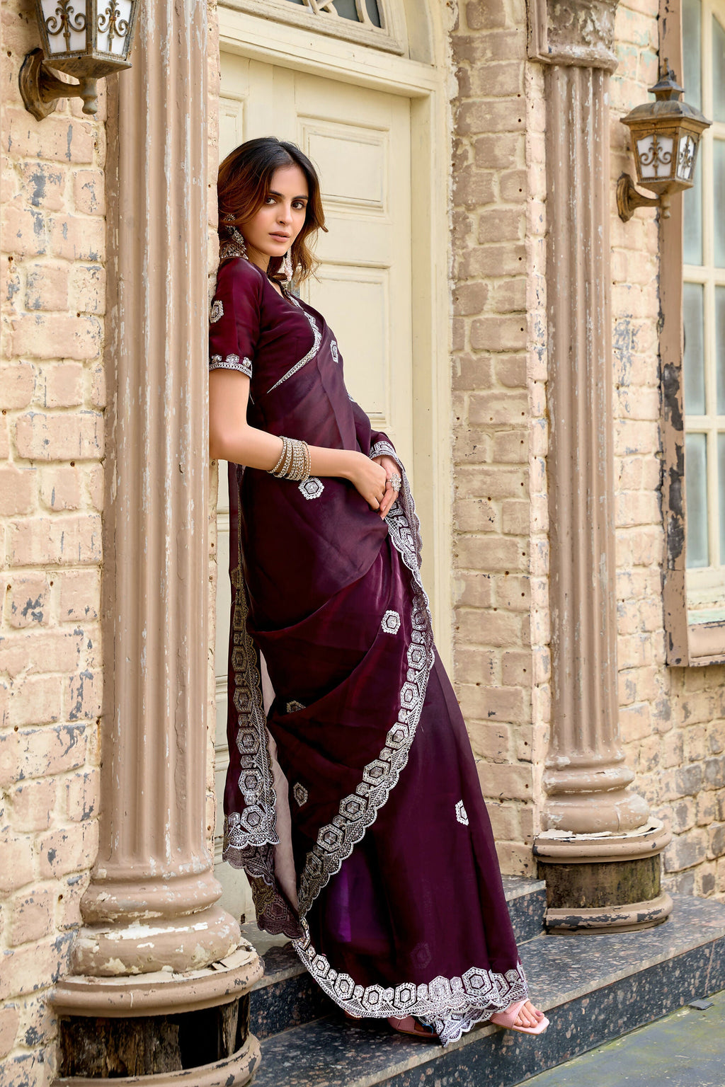 Vastranavya Wine Embroidery Work Shimmer Chiffon Saree with Unstitched Blouse