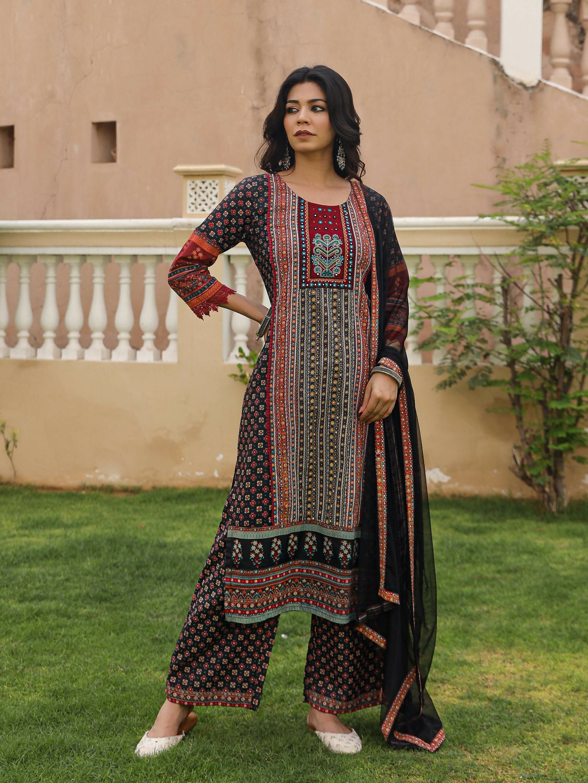 Juniper Women's Black Ethnic Motif Printed Rayon Kurta Palazzo And Dupatta With Mirror & Thread Work
