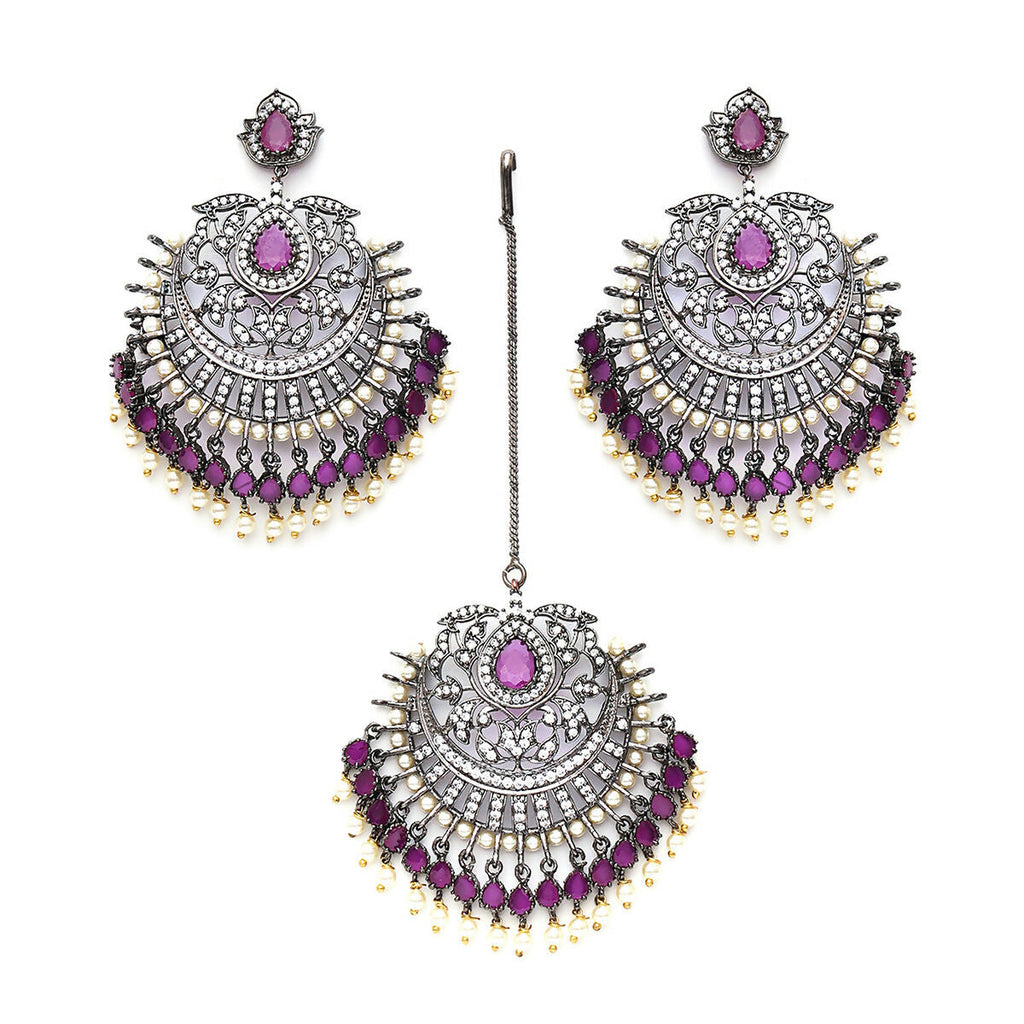 Diamond & Maroon Stone Earrings with Matching Maang Tikka- Ruby Raang