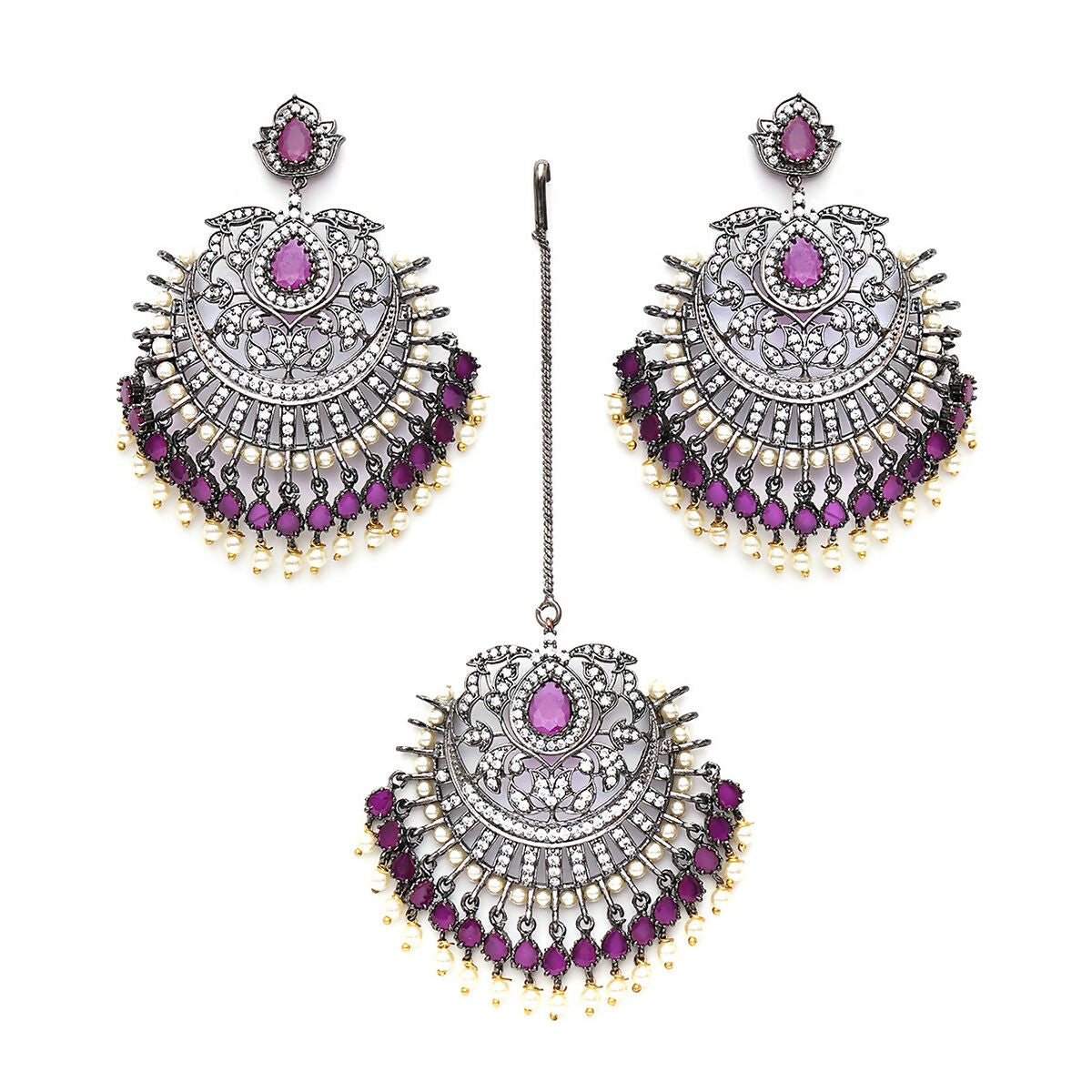 Diamond & Maroon Stone Earrings with Matching Maang Tikka- Ruby Raang