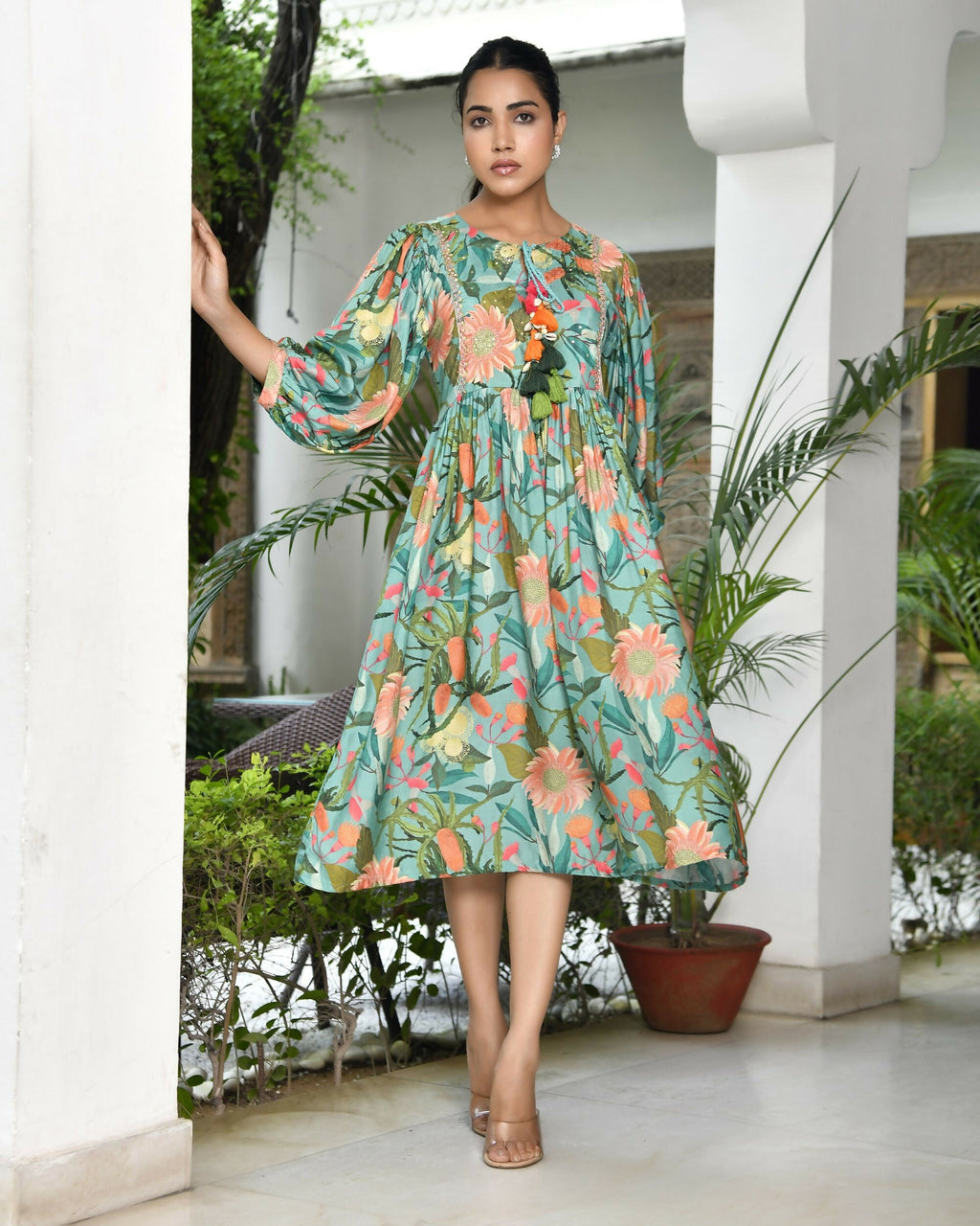 Vaasva Women's Teal Musline Viscose Digital Printed Dress