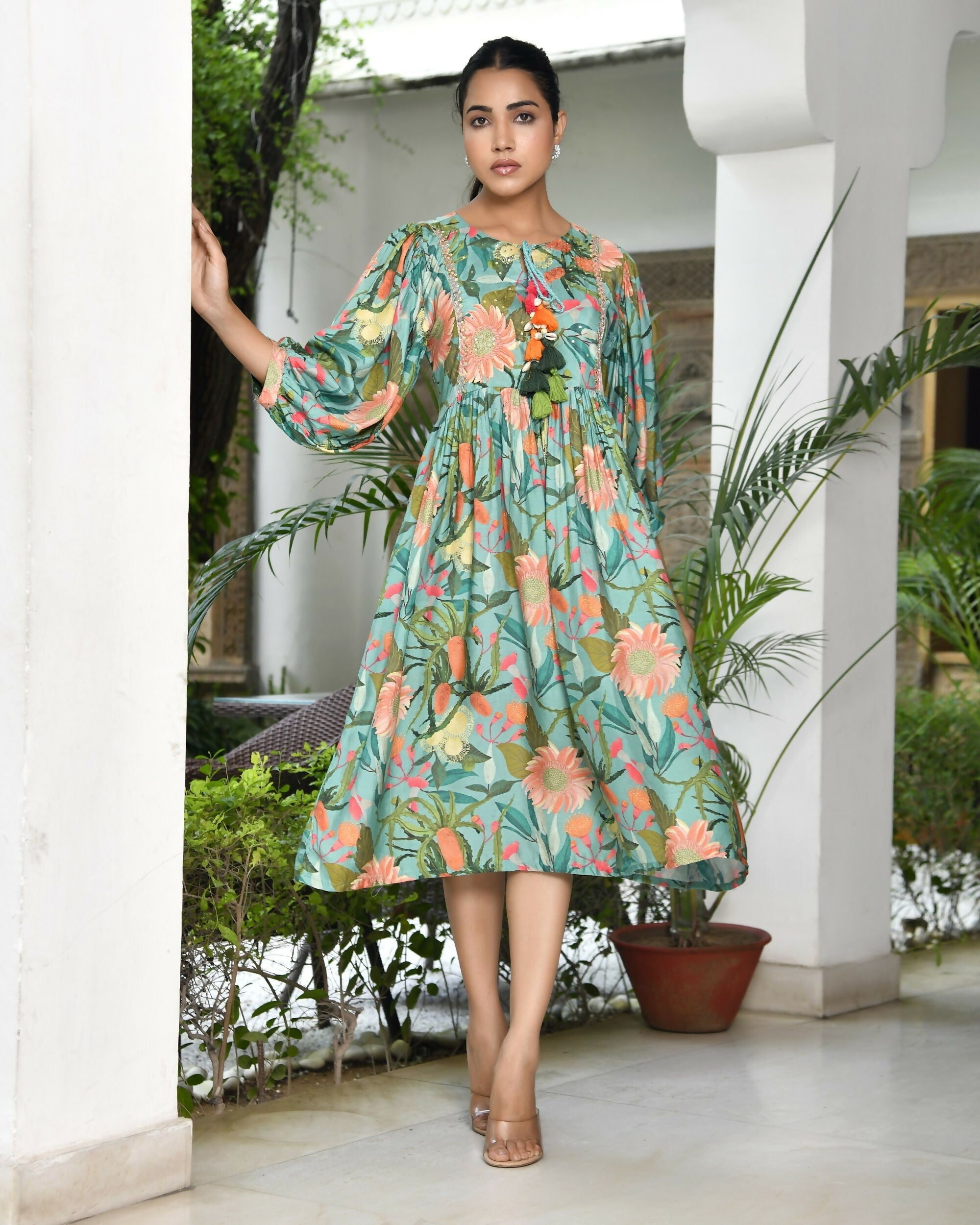 Vaasva Women's Teal Musline Viscose Digital Printed Dress