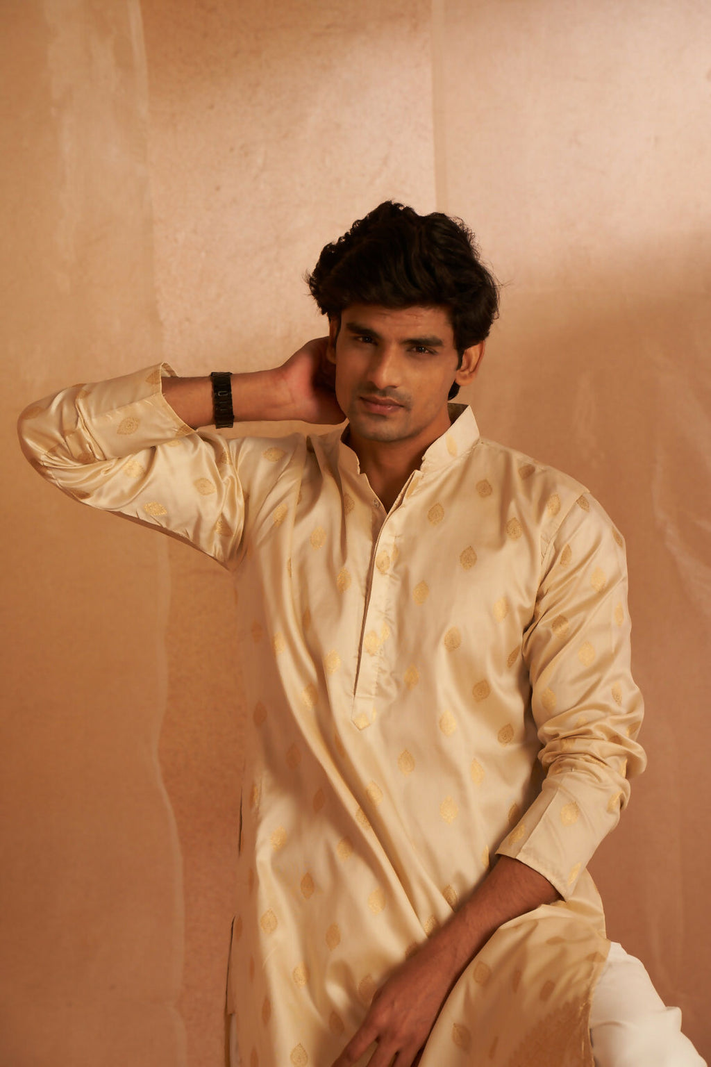 Off White Viscose Wevon Designer Men's Kurta Set - Mahotsav