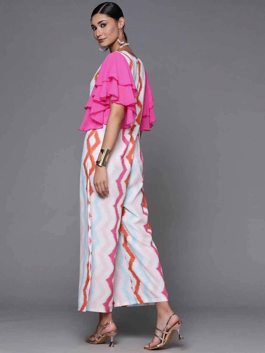 Ahalyaa White & Pink Zig Zag Striped Basic Jumpsuit