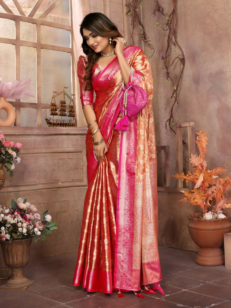 Anaita Orange Tissue Silk With Zari Weaving Saree With Blouse