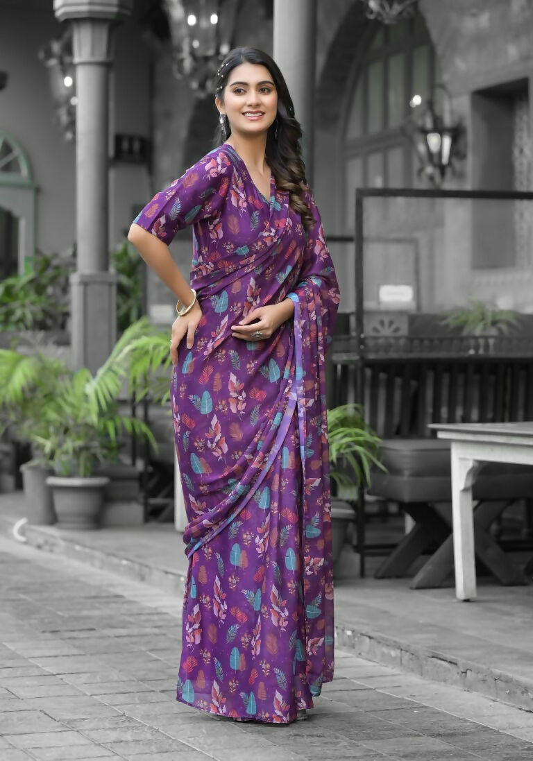 stylish Casual Purple Imported georgette Ready to Wear Fancy Saree - Ashwini