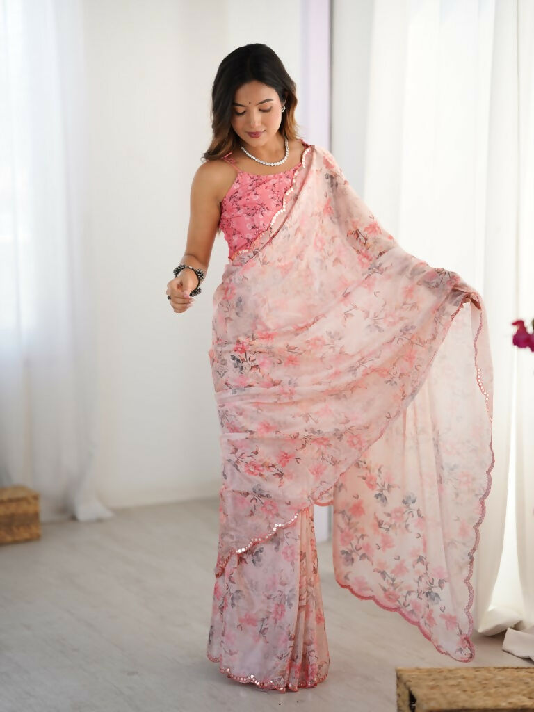 Pink Chinon Designer Digital Printed,Mirror Cut Work Saree - Elayna