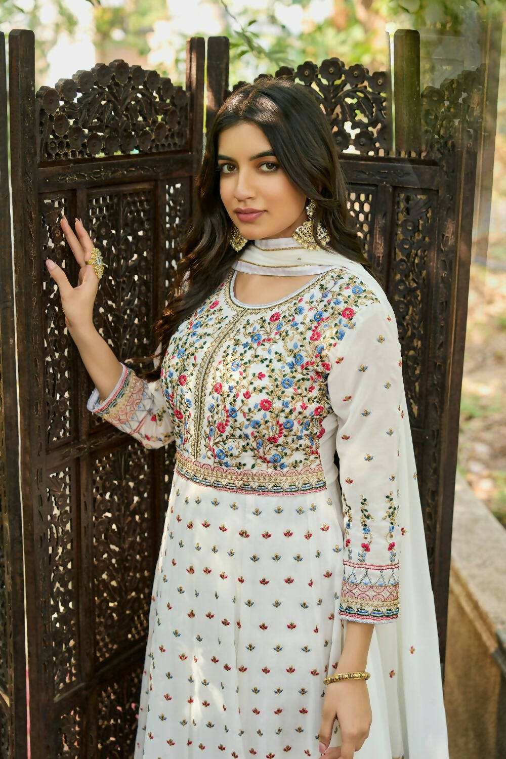 White Heavy Faux Georgette Anarkali Embroidered Kurta Set - Dhvani