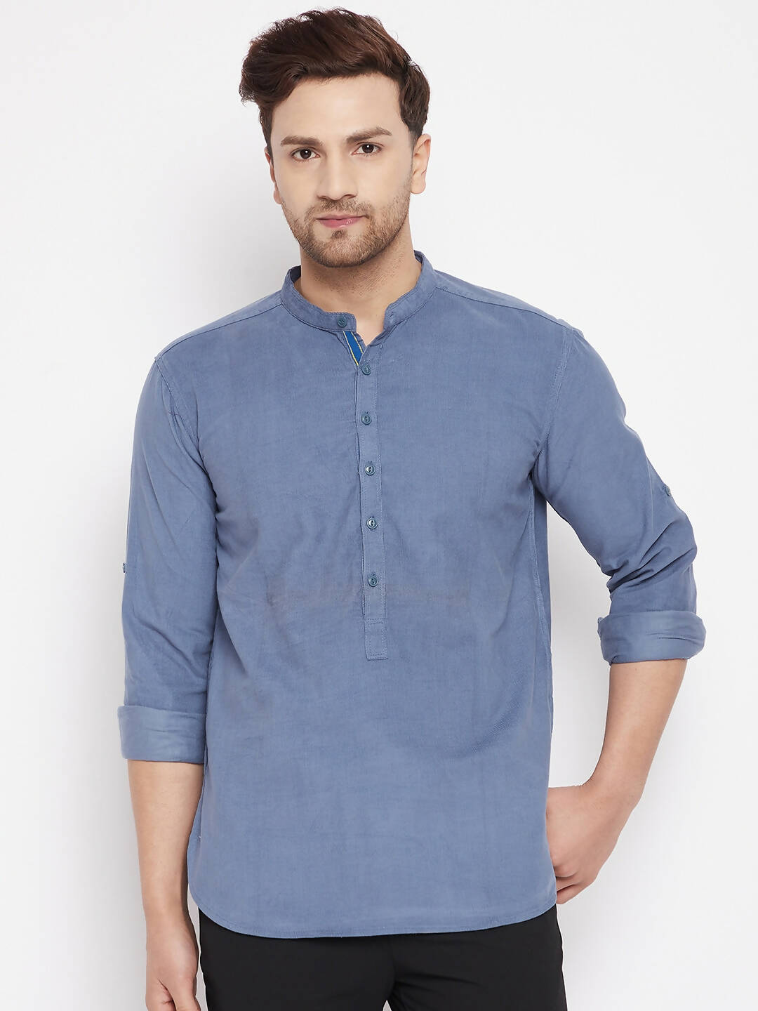Even Apparels Blue Color Pure Cotton Short Men's Kurta With Band Collar