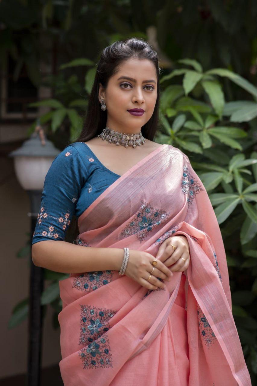 Brick Pure Linen Ethnic Motifs Saree with Unstitched Blouse - Hiral Fashion
