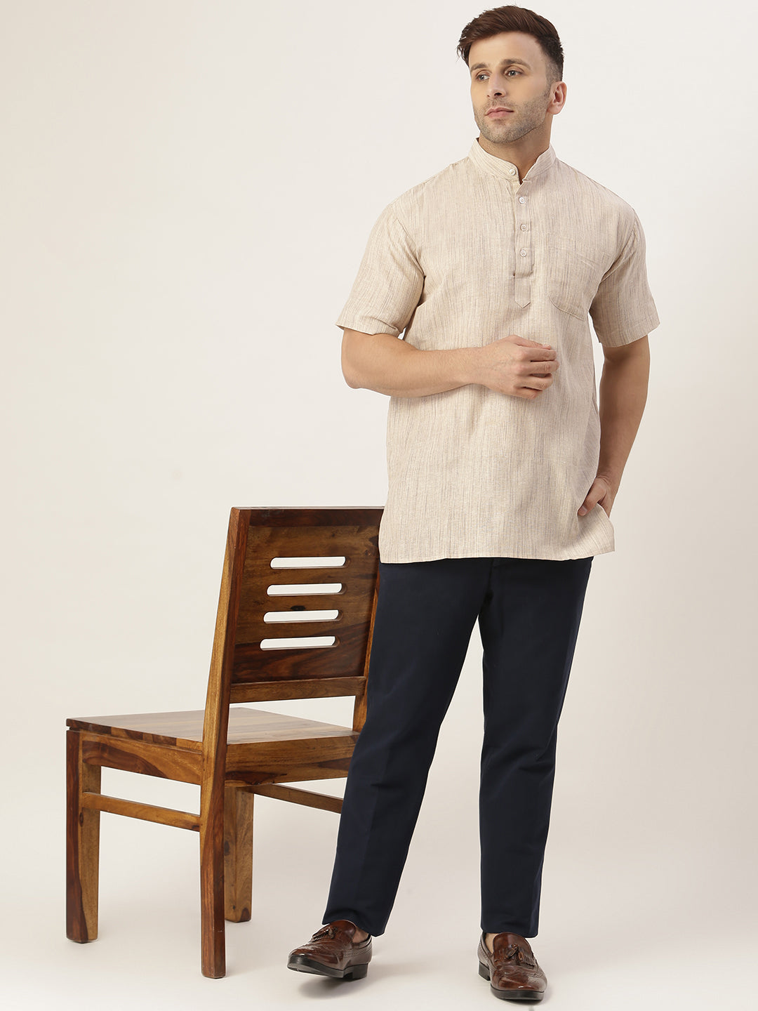 RIAG Men's Beige Cotton Long Ethnic Kurta