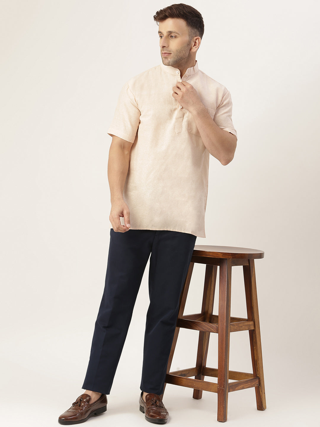 RIAG Men's Beige Cotton Short Ethnic Kurta