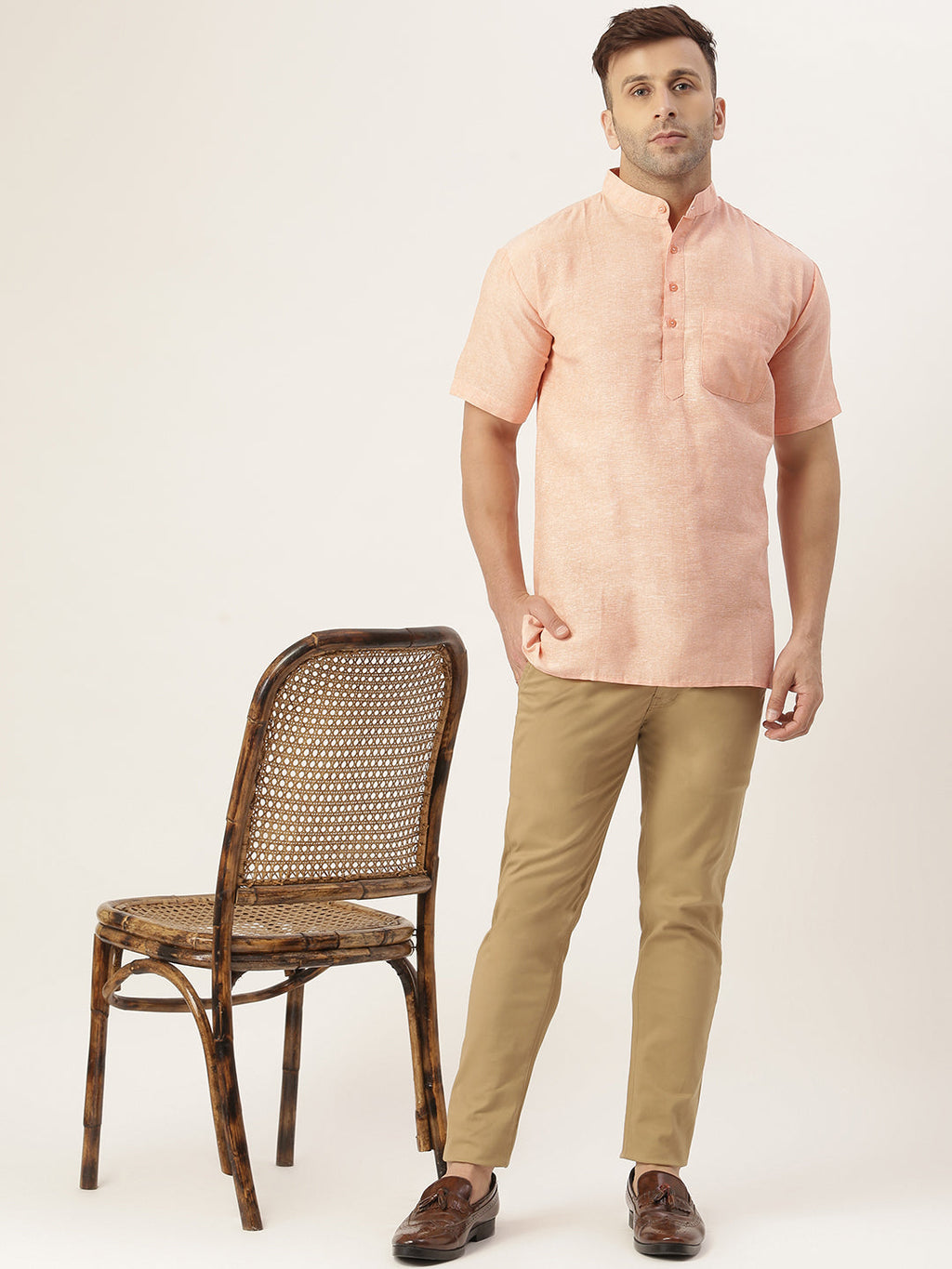 RIAG Men's Orange Cotton Short Ethnic Kurta