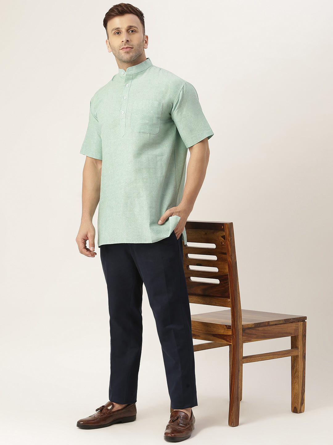 RIAG Men's Green Cotton Short Ethnic Kurta