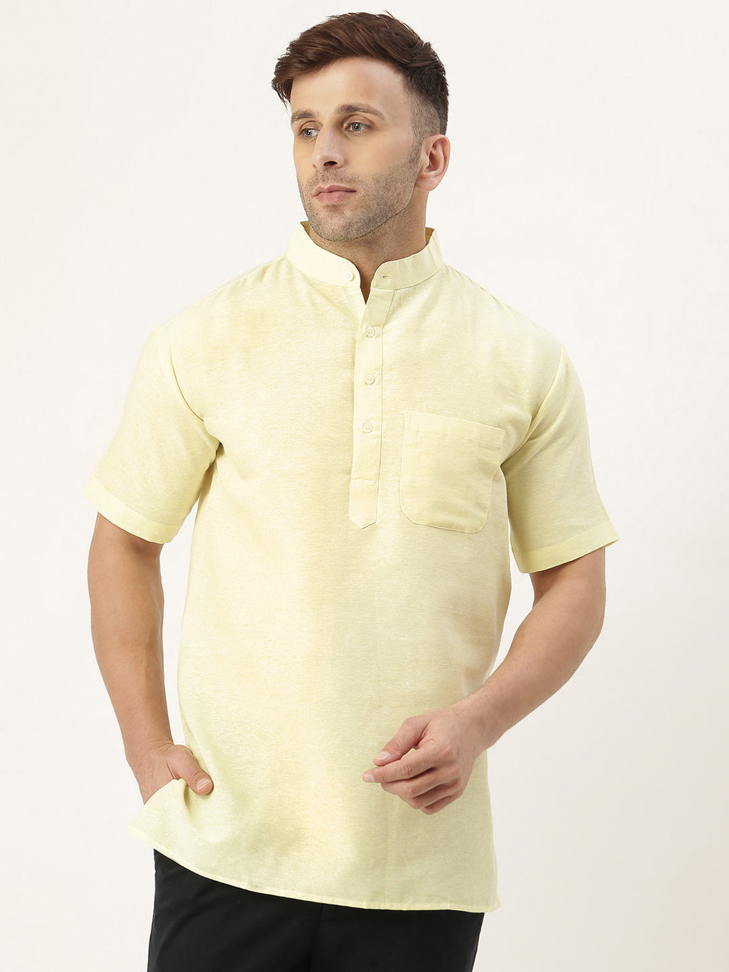 RIAG Men's Yellow Cotton Short Ethnic Kurta