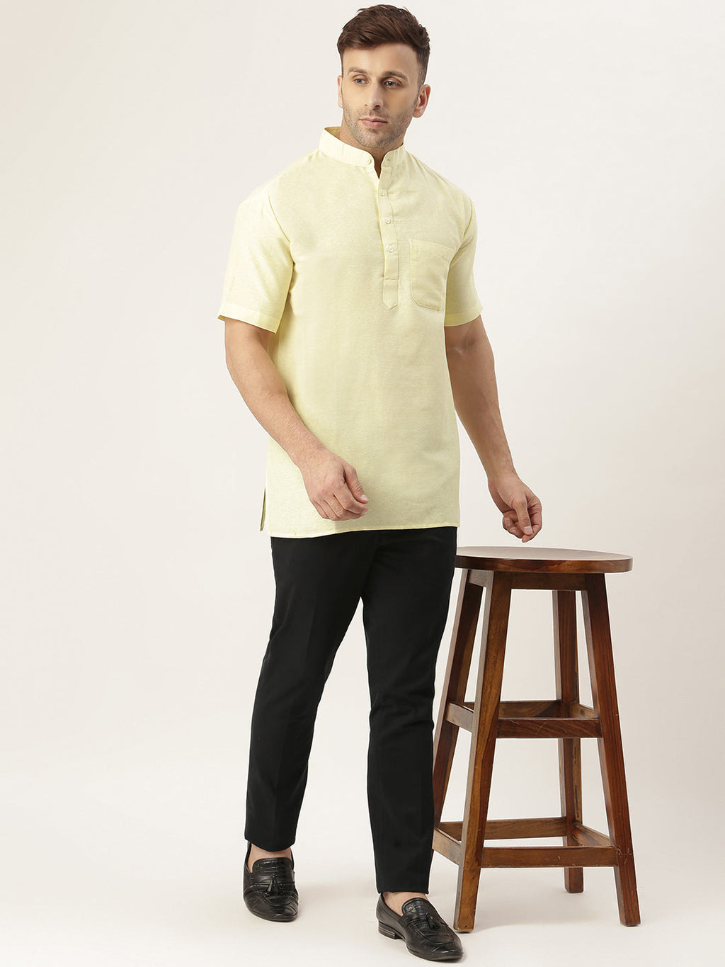 RIAG Men's Yellow Cotton Short Ethnic Kurta