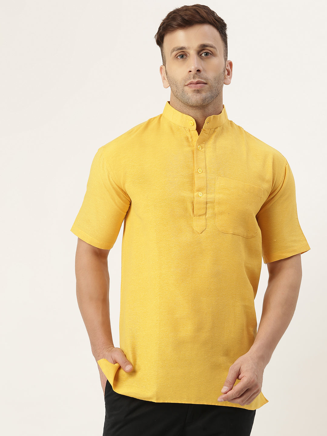 RIAG Men's Yellow Cotton Short Ethnic Kurta