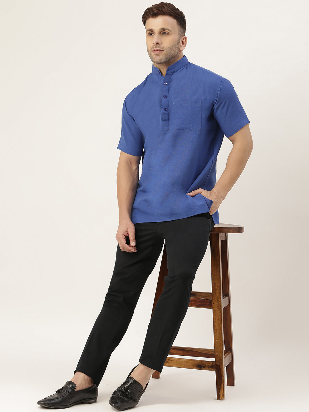 RIAG Men's Navy blue Cotton Short Ethnic Kurta