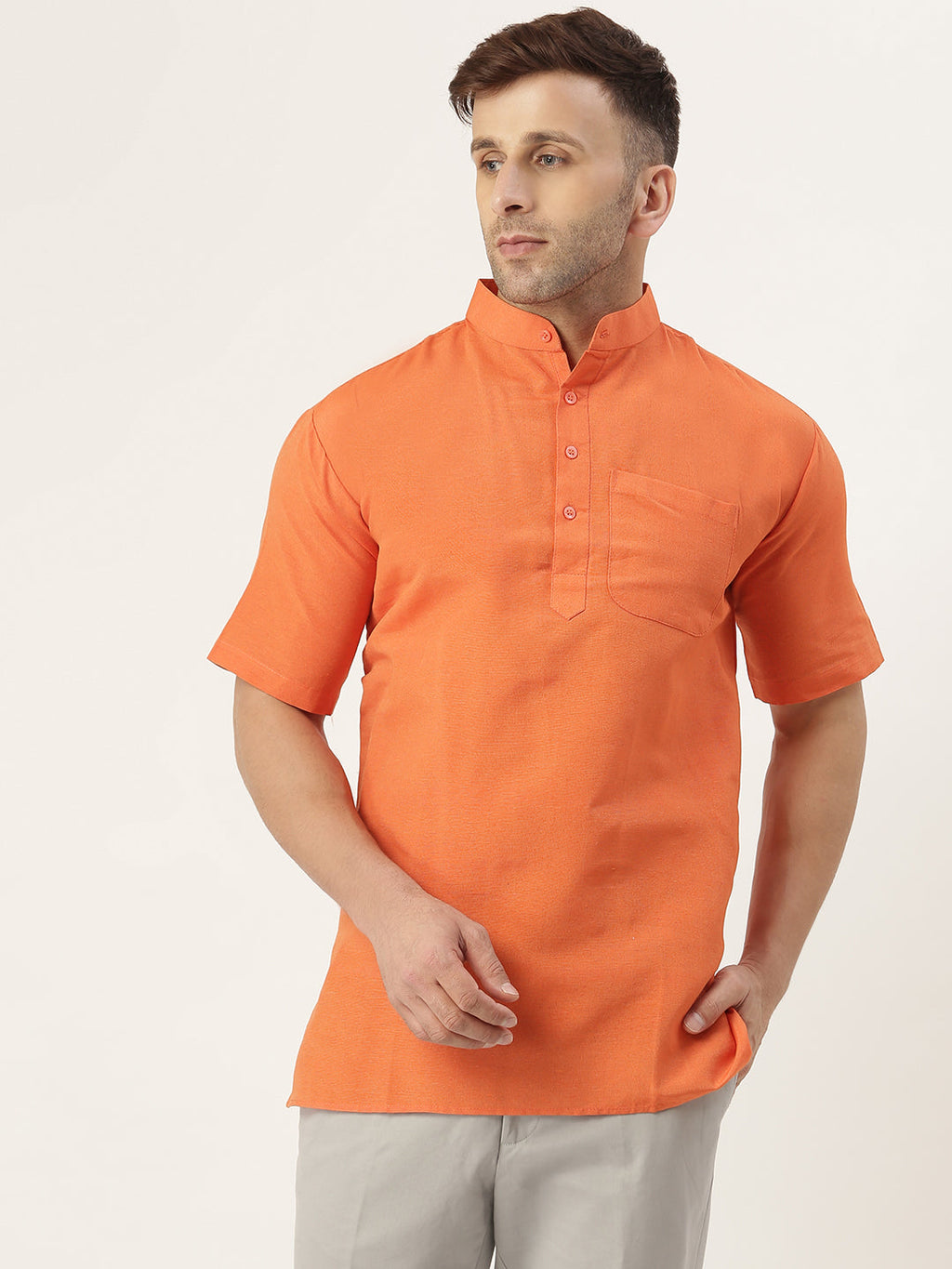 RIAG Men's Orange Cotton Short Ethnic Kurta