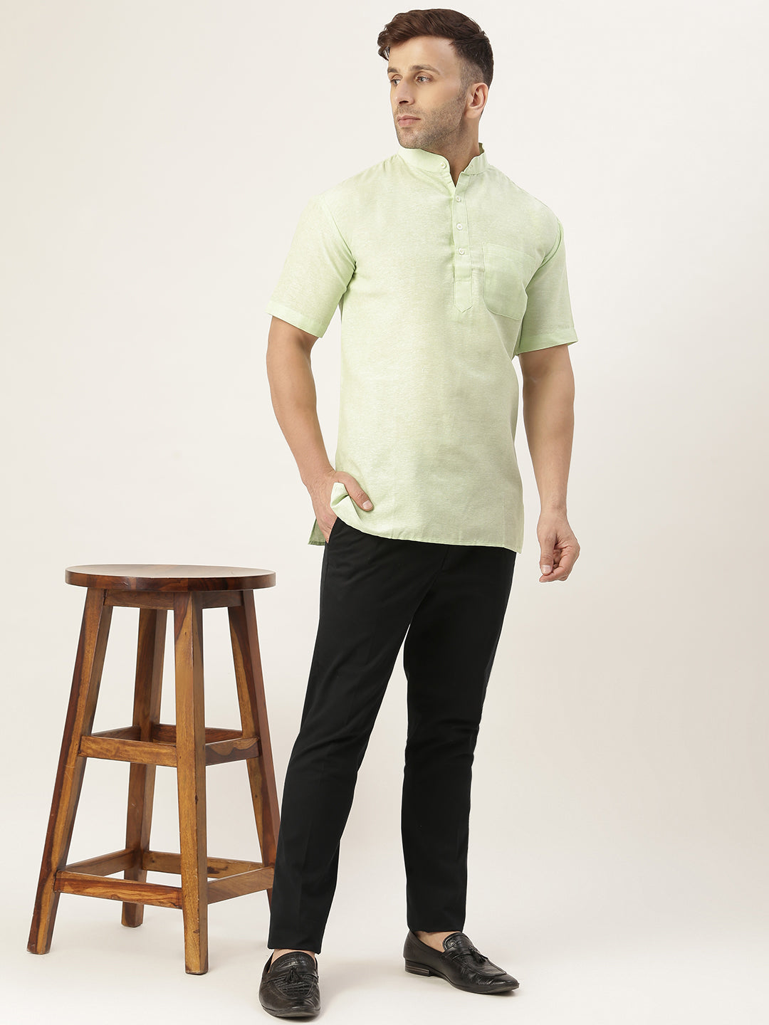 RIAG Men's Green Cotton Short Ethnic Kurta