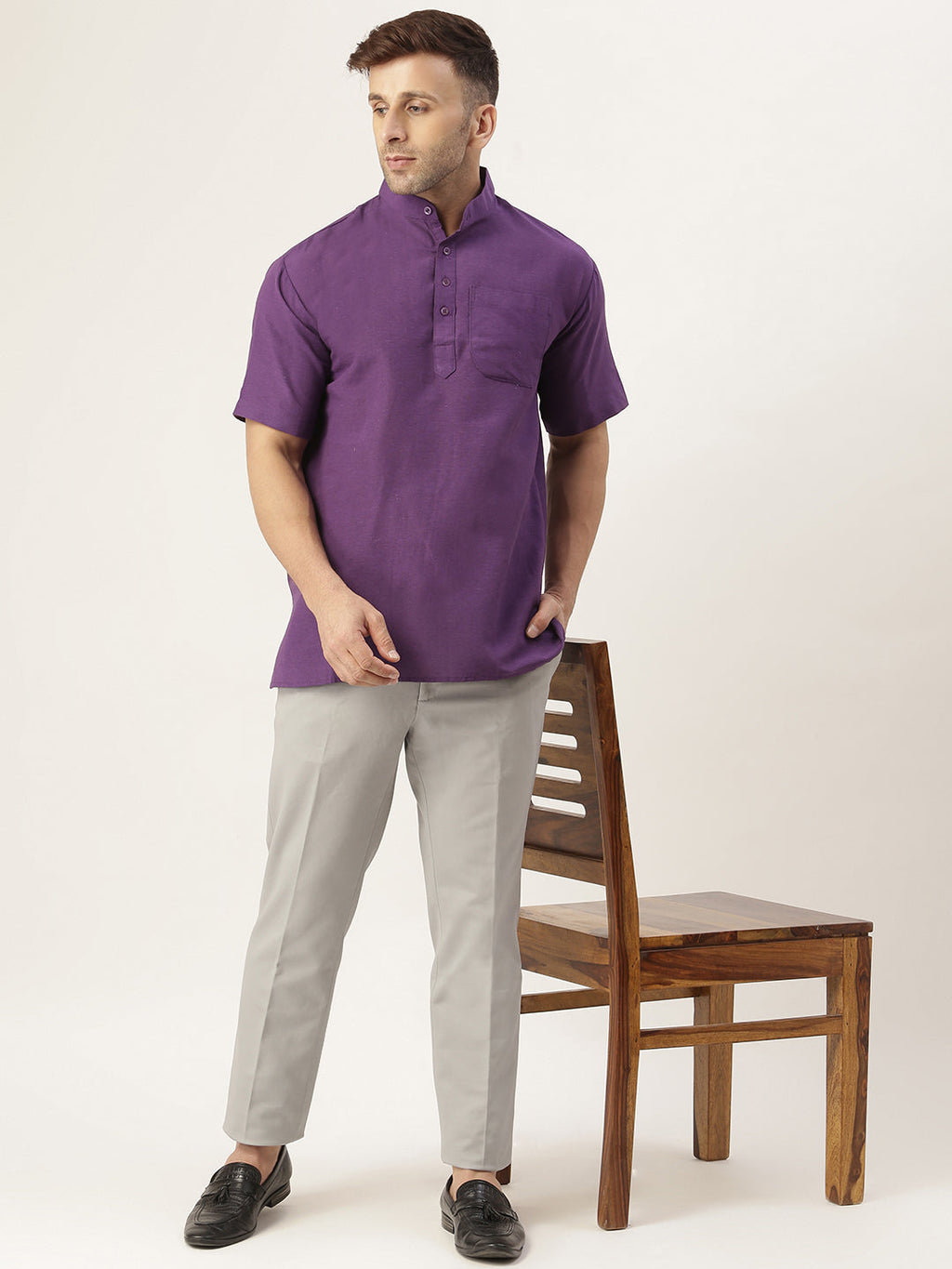 RIAG Men's Purple Cotton Short Ethnic Kurta