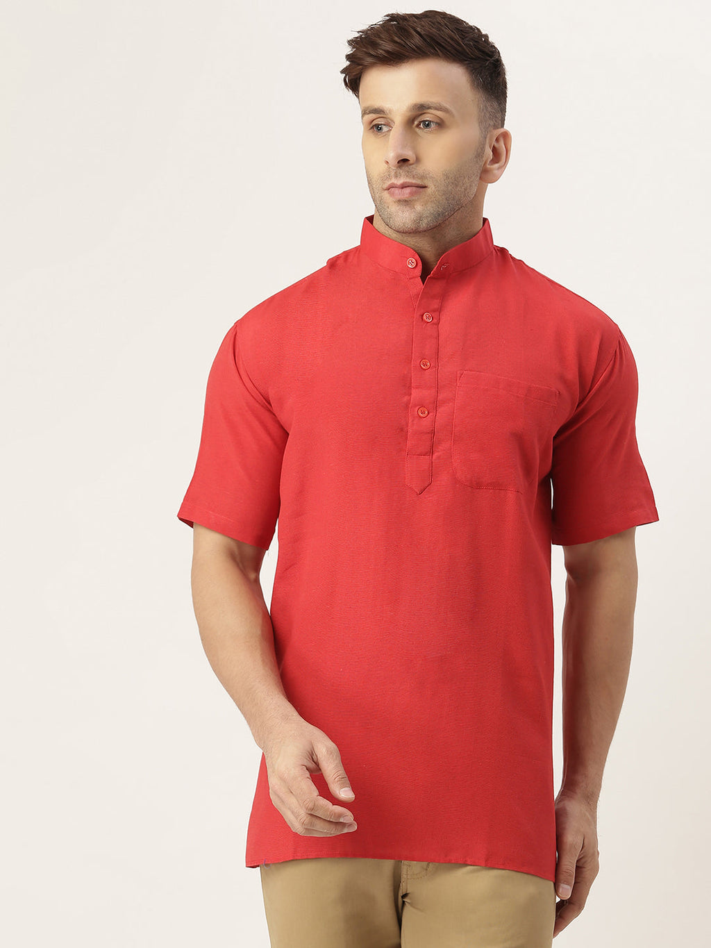 RIAG Men's Red Cotton Short Ethnic Kurta