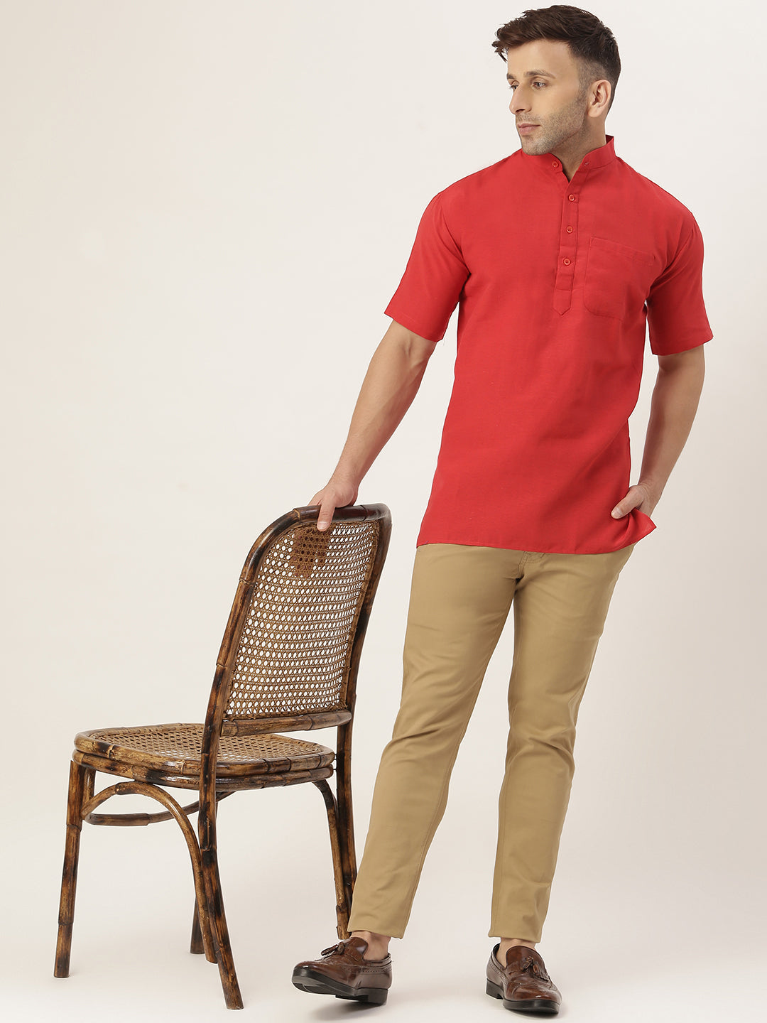 RIAG Men's Red Cotton Short Ethnic Kurta