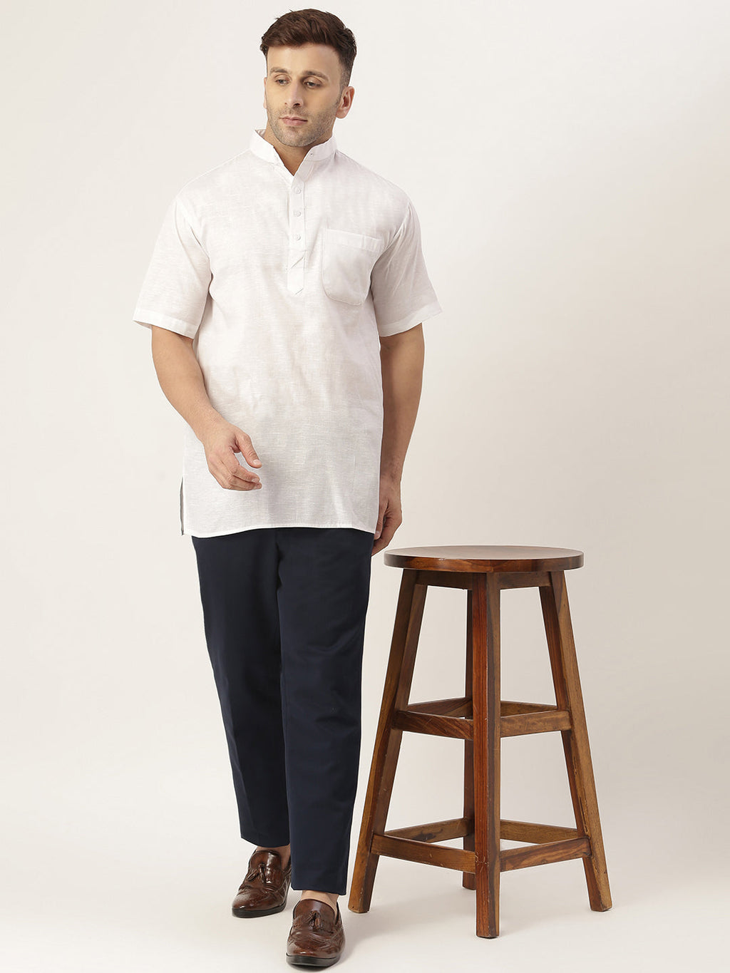 RIAG Men's White Cotton Short Ethnic Kurta