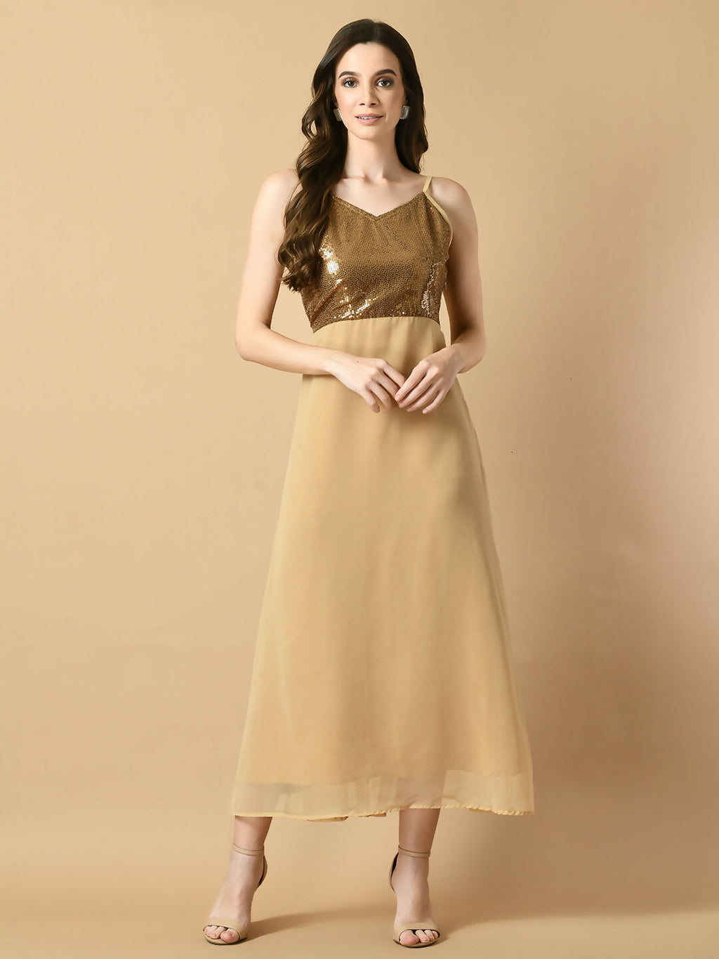 Myshka Women's Beige Solid Georgette Party Dress