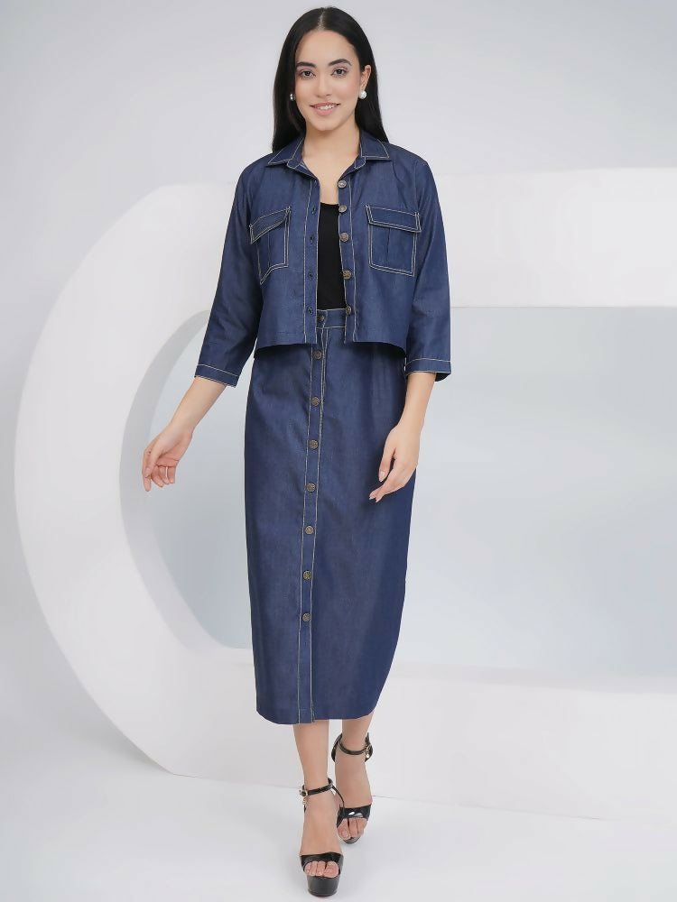 Joban Fashion Black Cotton Denim Pencil Skirt with Inner and Jacket