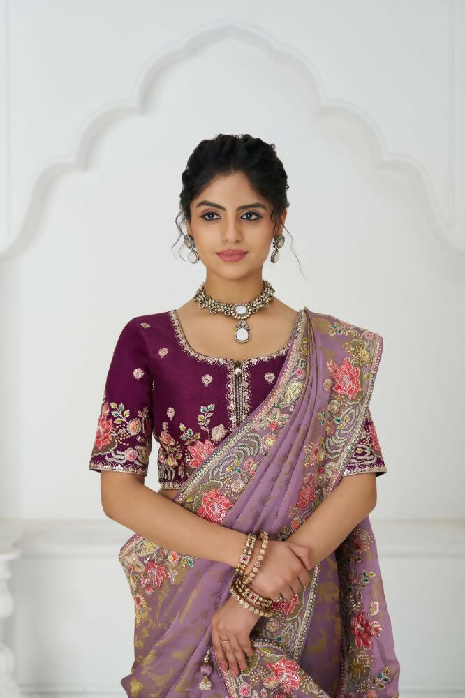 Kesar Fab Bloom In Style: Mauve With Vibrant Thread Work & Floral Motifs Saree