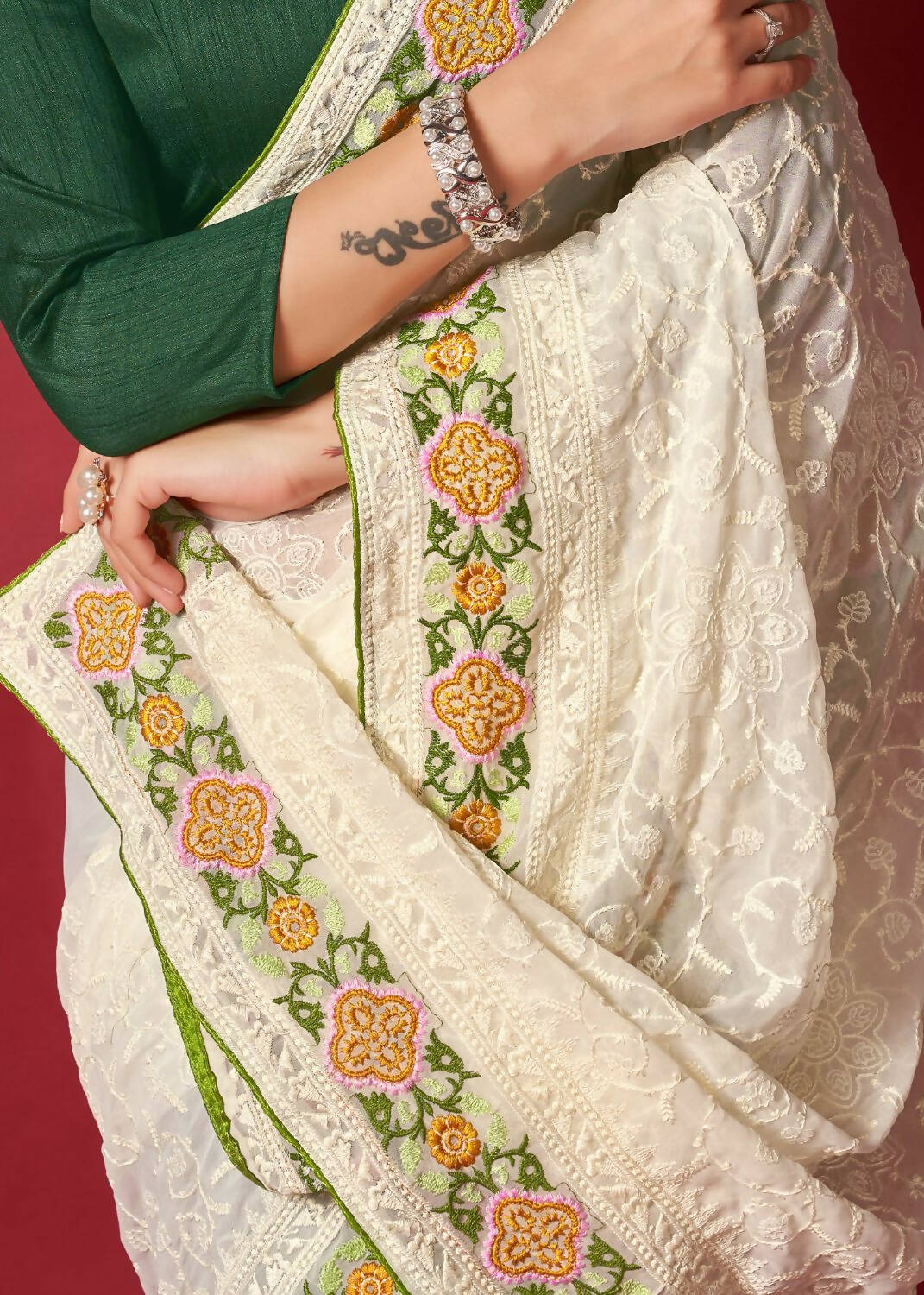 Vamsee White Georgette Designer Saree