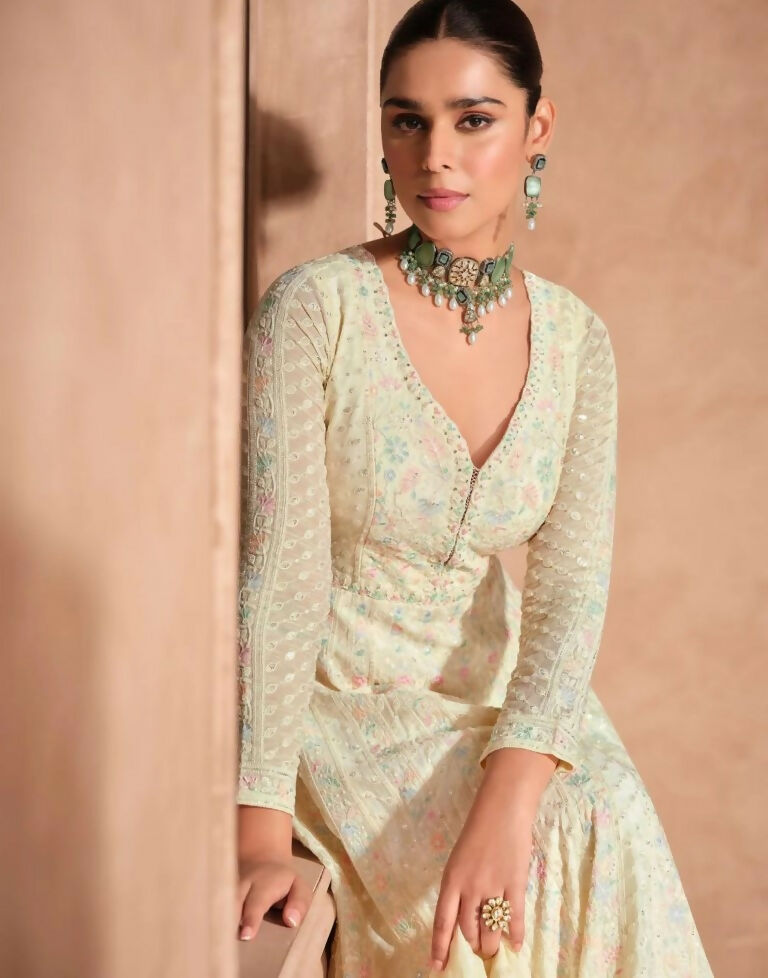 Vastranavya Cream Chikankari Embroidered Sequence Work Abaya Suit