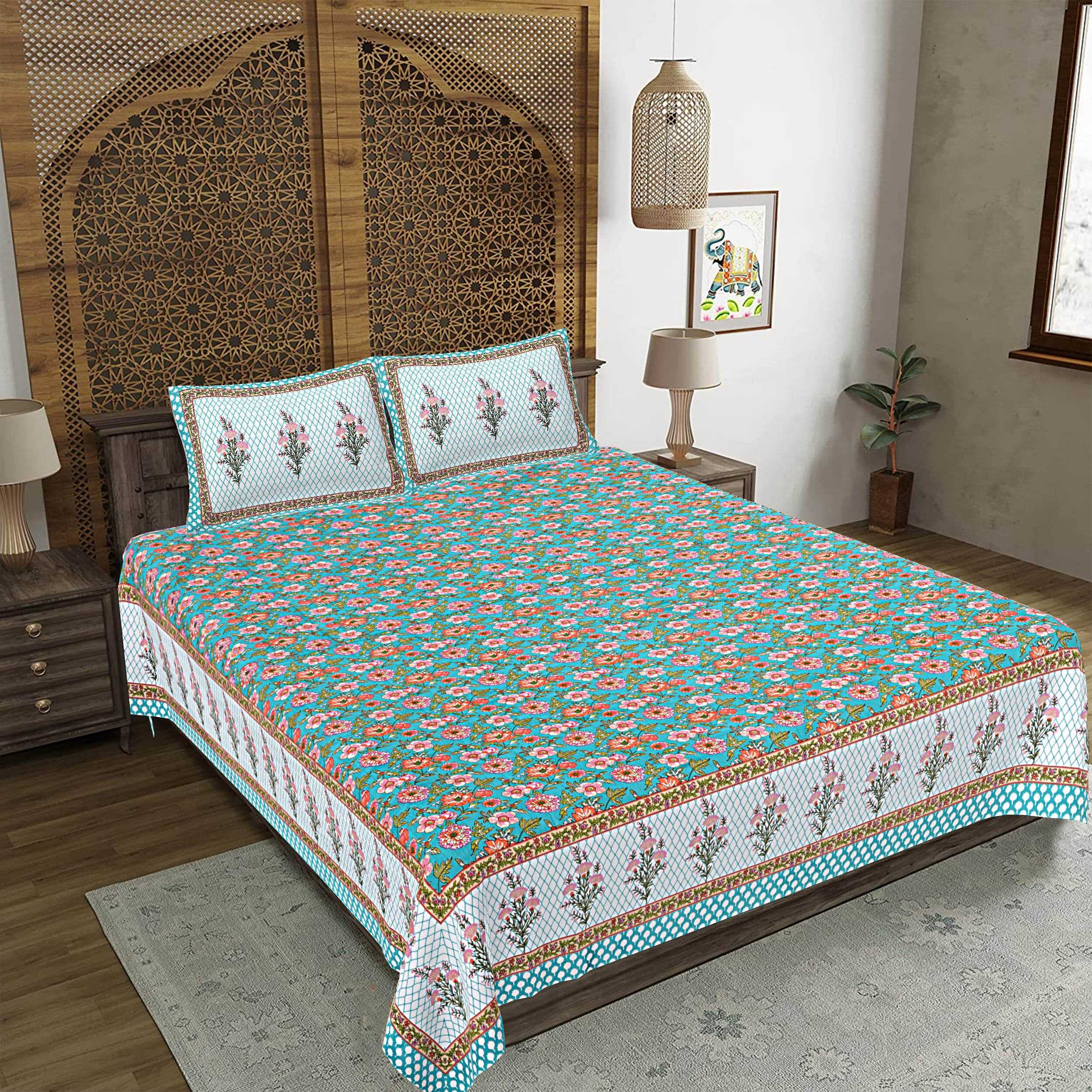 Rudra Bazaar Turquoise Blue 210 TC Cotton Double King Bedsheet With 2 Pillow Covers