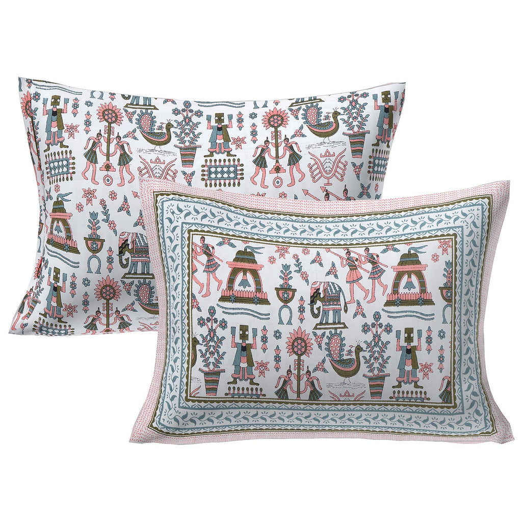 Rudra Bazaar Orange Turquise 210 TC Cotton Double King Bedsheet With 2 Pillow Covers