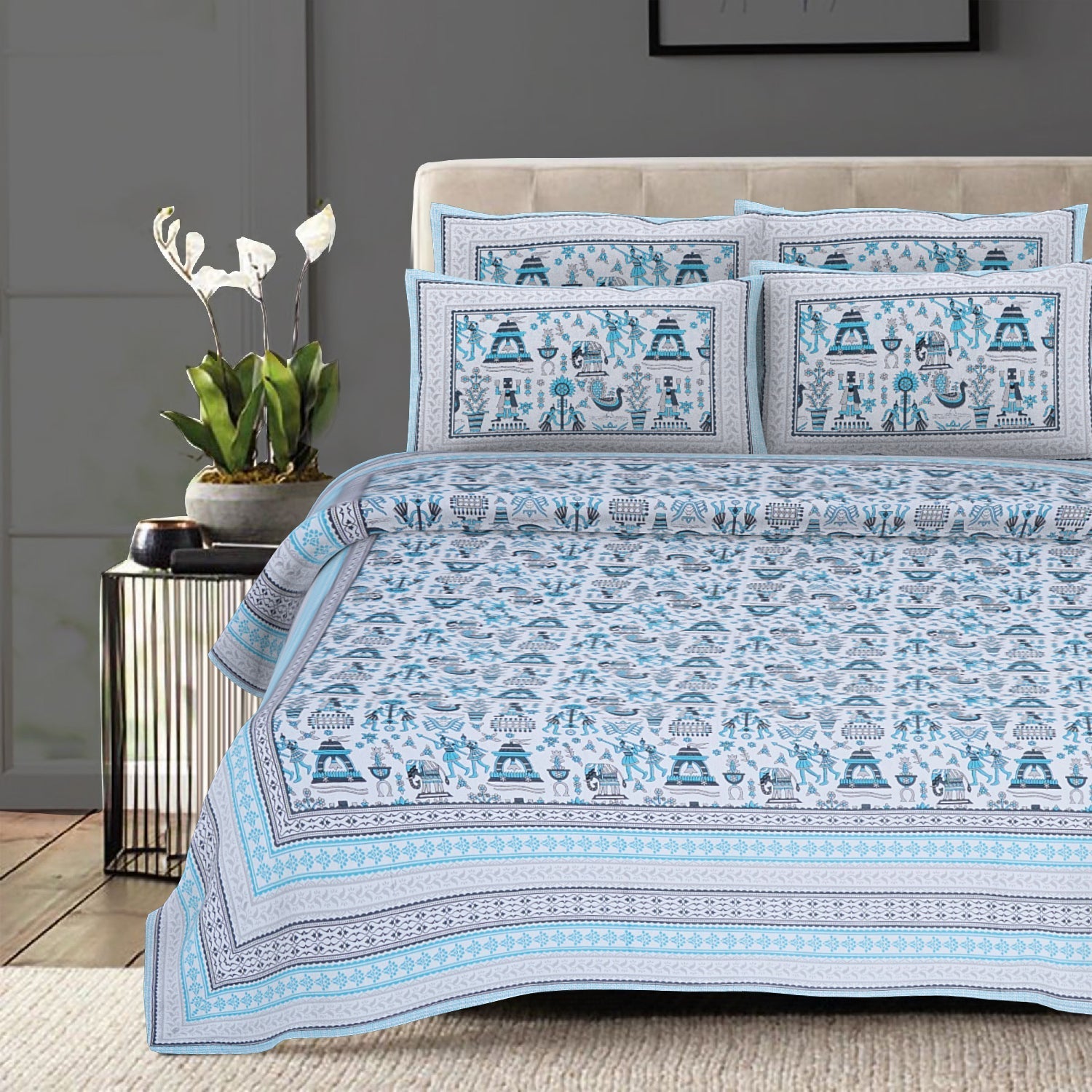 Rudra Bazaar Blue 210 TC Cotton Double King Bedsheet With 2 Pillow Covers