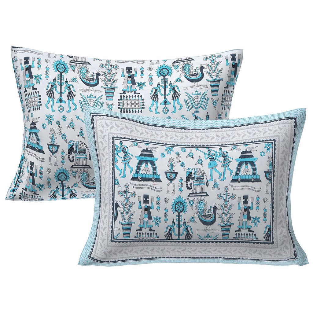 Rudra Bazaar Blue 210 TC Cotton Double King Bedsheet With 2 Pillow Covers